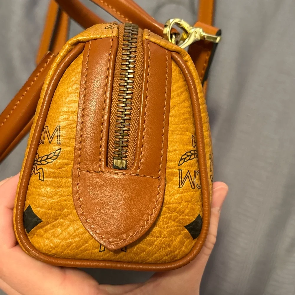 MCM Orange Visetos Dome Satchel with Gold Plaque